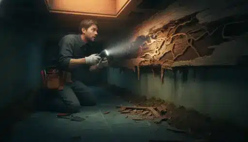 Worker inspecting termite damage in dimly lit crawl space with flashlight and tool belt