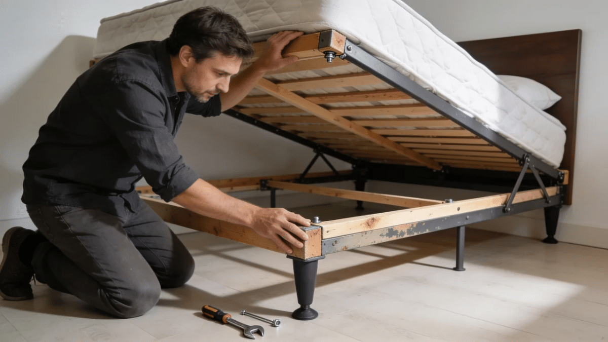man kneeling beside a wooden bed frame tightening a corner bolt with an adjustable wrench
