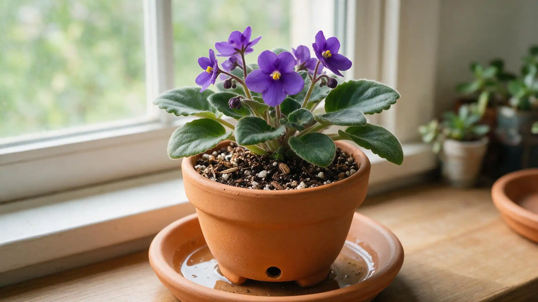 african violet in a small pot with airy soil and perlite showing good drainage and root airflow
