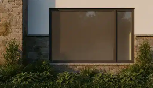 Large frosted window in stone wall with surrounding greenery in sunlight