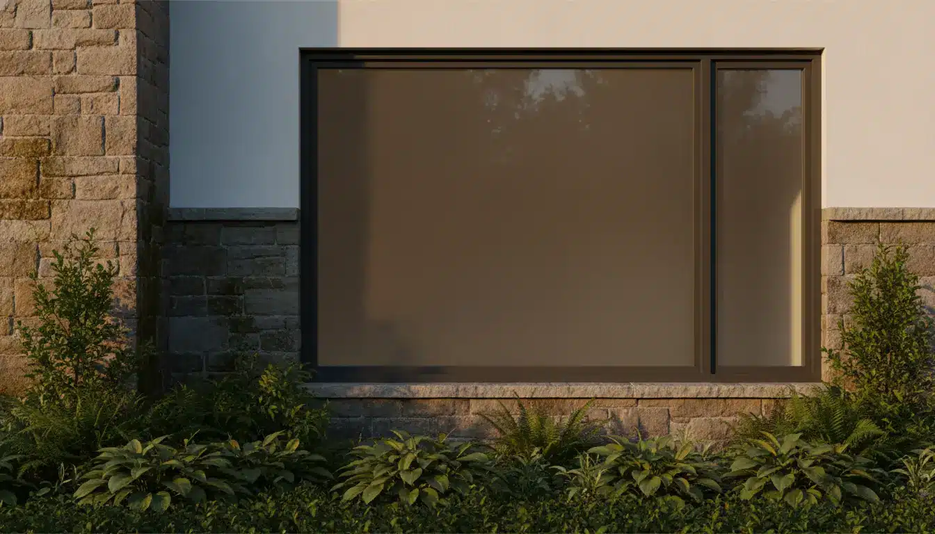 Large frosted window in stone wall with surrounding greenery in sunlight