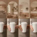 Barista holding white coffee cup in modern café with warm lighting and minimalist decor