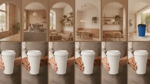Barista holding white coffee cup in modern café with warm lighting and minimalist decor