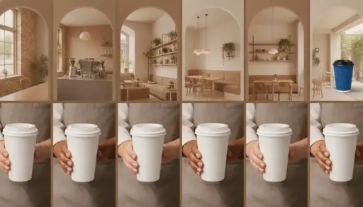 Barista holding white coffee cup in modern café with warm lighting and minimalist decor