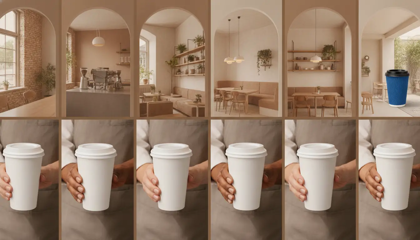 Barista holding white coffee cup in modern café with warm lighting and minimalist decor