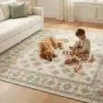 Child playing with wooden blocks beside a sleeping dog on patterned rug in cozy living room