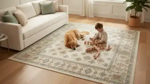 Child playing with wooden blocks beside a sleeping dog on patterned rug in cozy living room