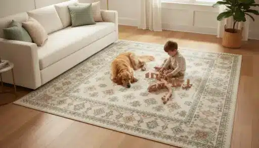Child playing with wooden blocks beside a sleeping dog on patterned rug in cozy living room