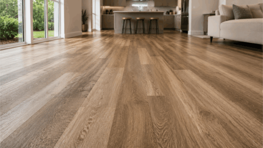 wide angle view of luxury vinyl plank flooring in modern living space showing realistic wood grain texture and bright natural interior lighting (1)