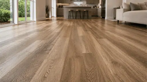 wide angle view of luxury vinyl plank flooring in modern living space showing realistic wood grain texture and bright natural interior lighting (1)