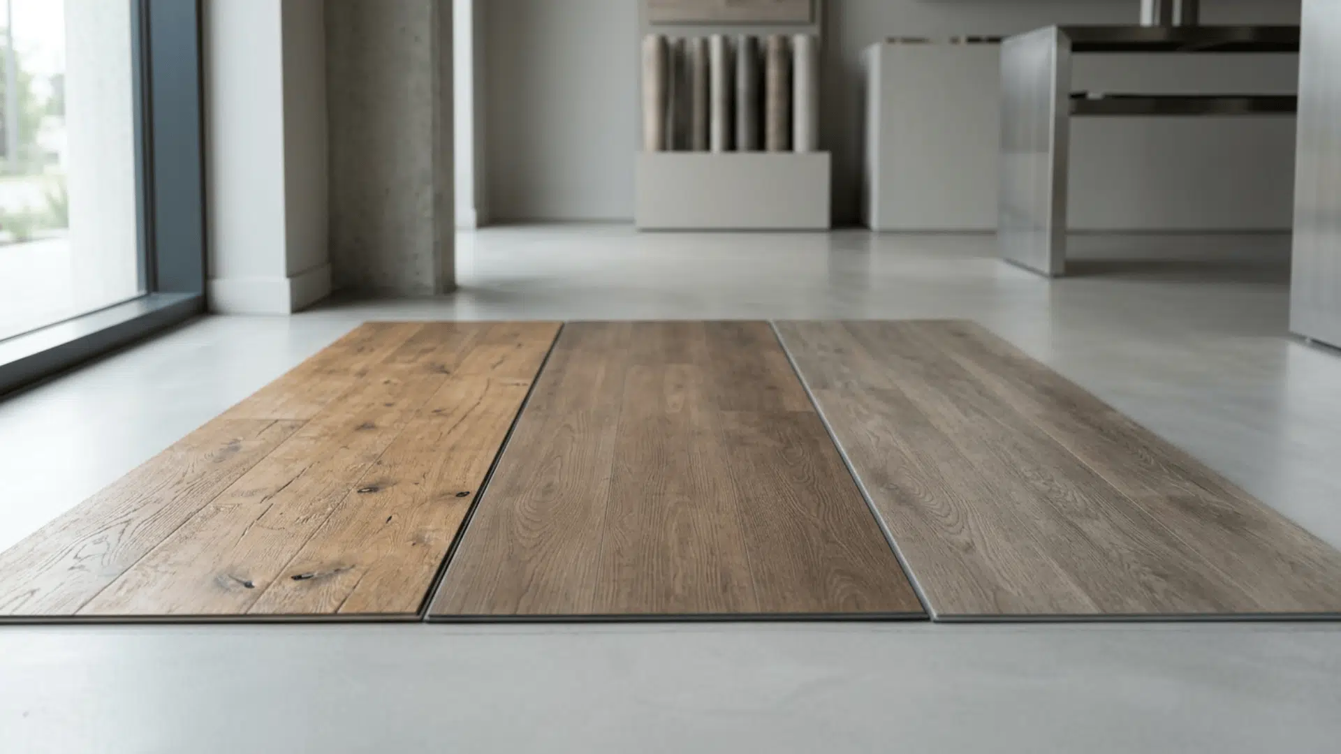 wood flooring sample panels laid on concrete floor inside modern showroom with cabinets and decor in background