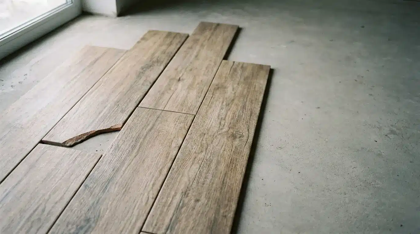 Wooden floor panels with a damaged piece on unfinished concrete floor near window