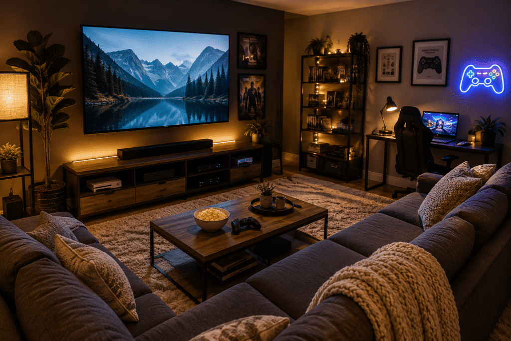 Cozy home entertainment room with sectional seating, a large TV, gaming desk, soft lighting, and modern decor