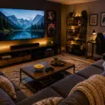 Cozy home entertainment room with sectional seating, a large TV, gaming desk, soft lighting, and modern decor