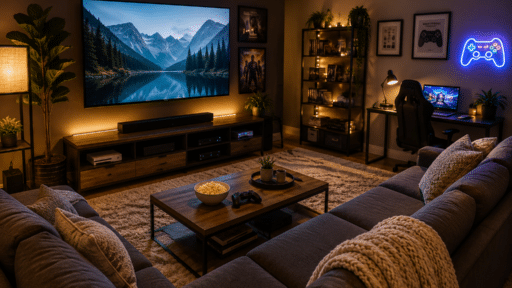 Cozy home entertainment room with sectional seating, a large TV, gaming desk, soft lighting, and modern decor