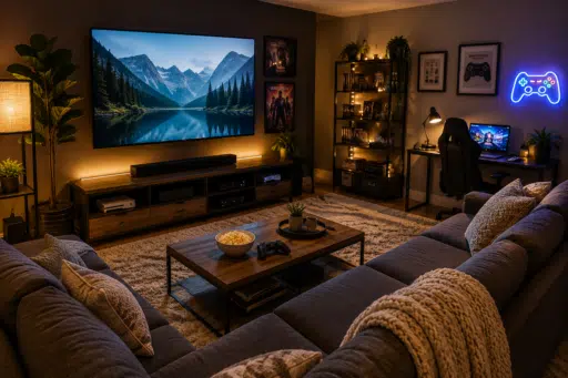 Cozy home entertainment room with sectional seating, a large TV, gaming desk, soft lighting, and modern decor