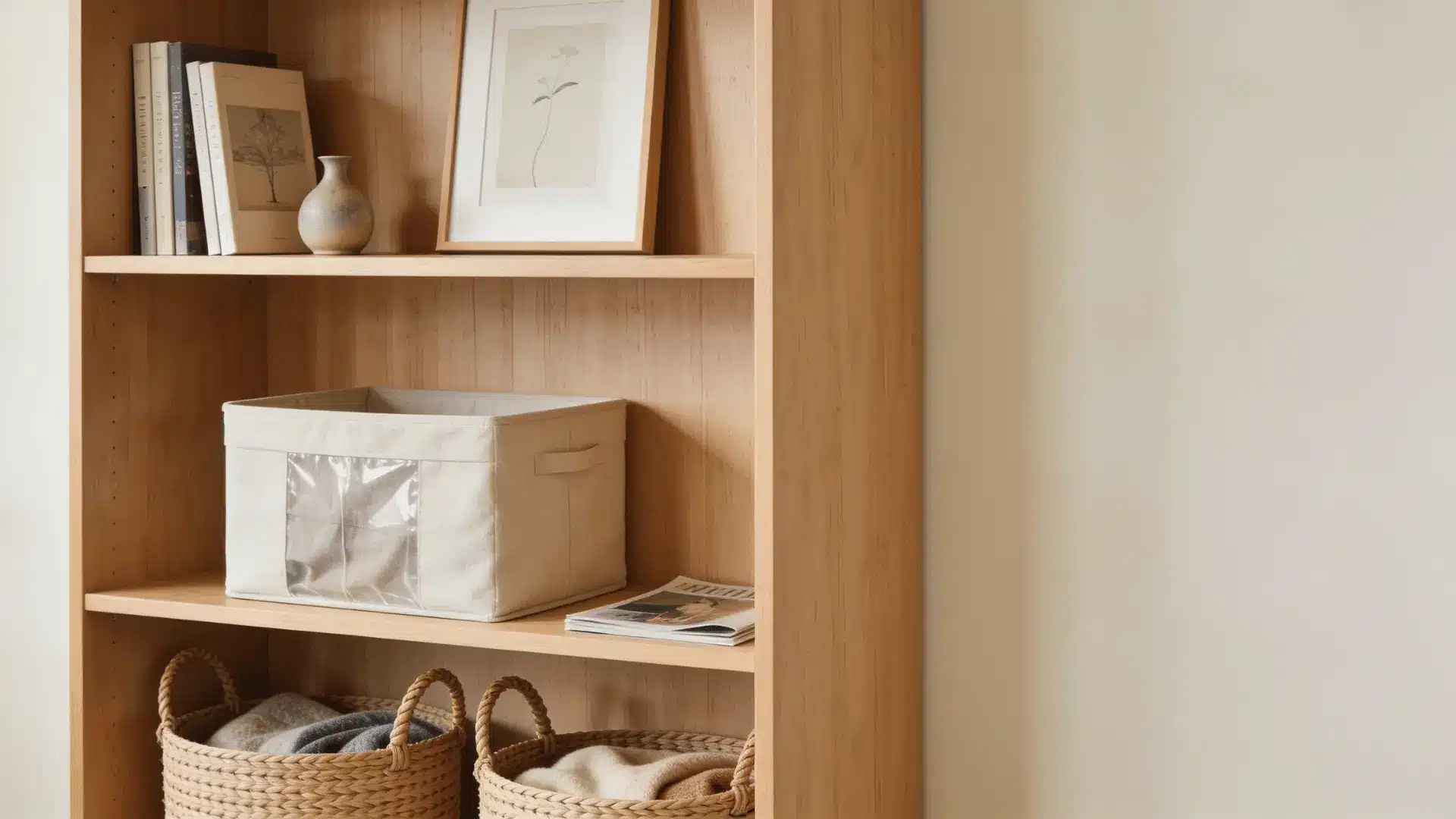 woven baskets and fabric bins arranged on cozy living room shelves