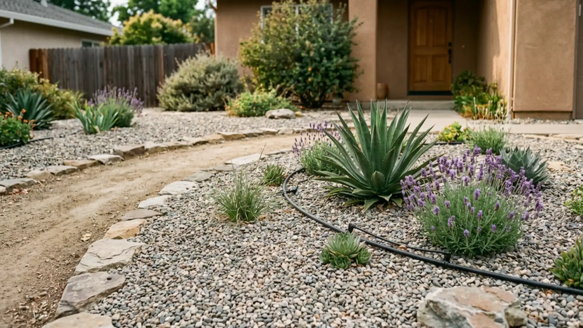 front yard xeriscape design with gravel drought tolerant plants and drip irrigation