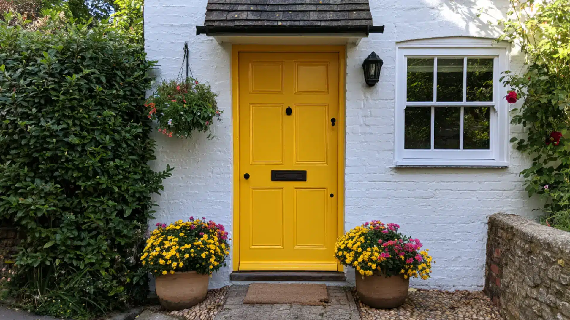 bright yellow front door with flower pots on small cheerful cottage exterior