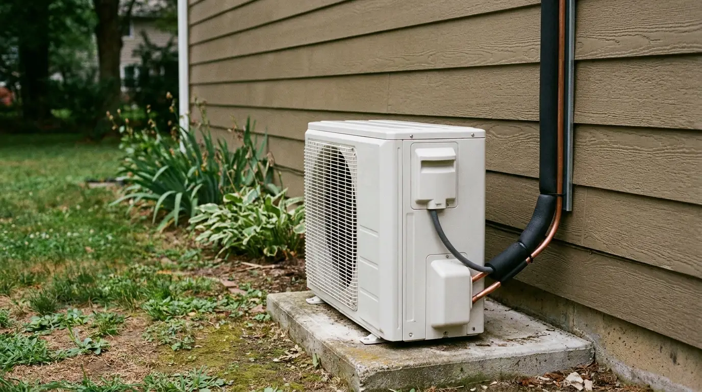 Outdoor air conditioning unit on concrete slab beside a house with siding and garden plants