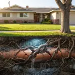 Tree roots encroaching on broken underground pipe beneath suburban lawn in daylight
