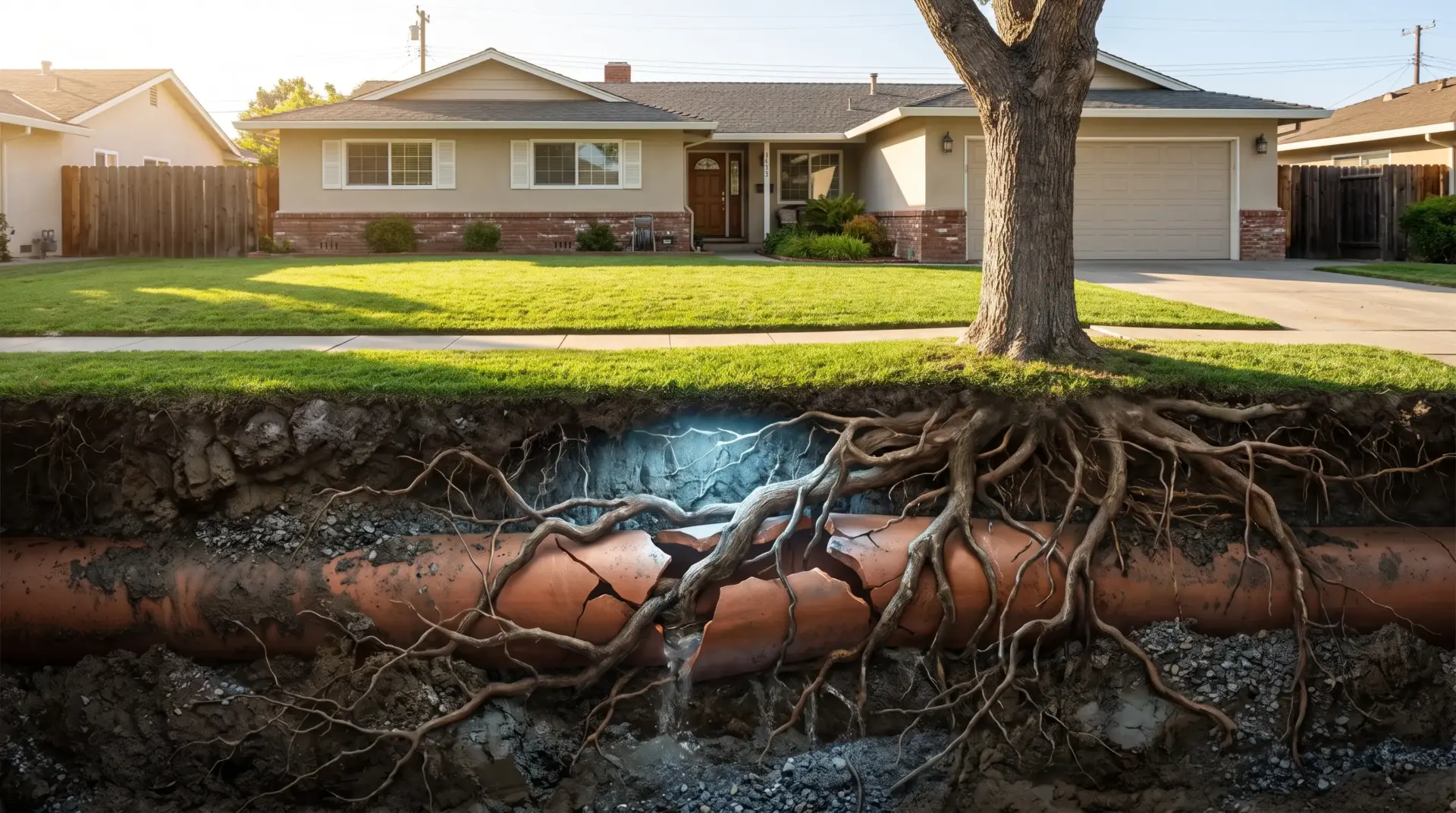Tree roots encroaching on broken underground pipe beneath suburban lawn in daylight