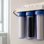 Three-stage home water filtration system mounted on wall in bright kitchen setting