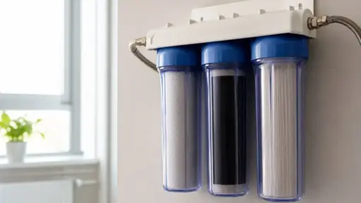 Three-stage home water filtration system mounted on wall in bright kitchen setting