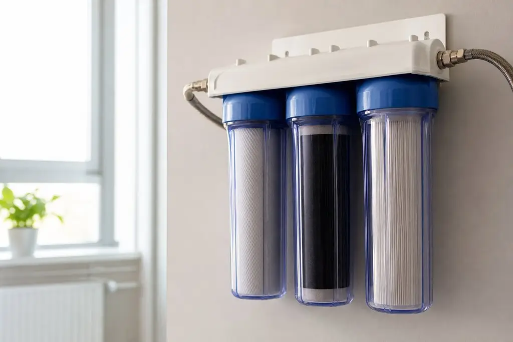 Three-stage home water filtration system mounted on wall in bright kitchen setting