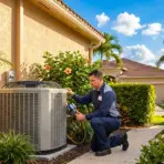 Technician adjusting outdoor air conditioning unit beside tropical plants and beige house