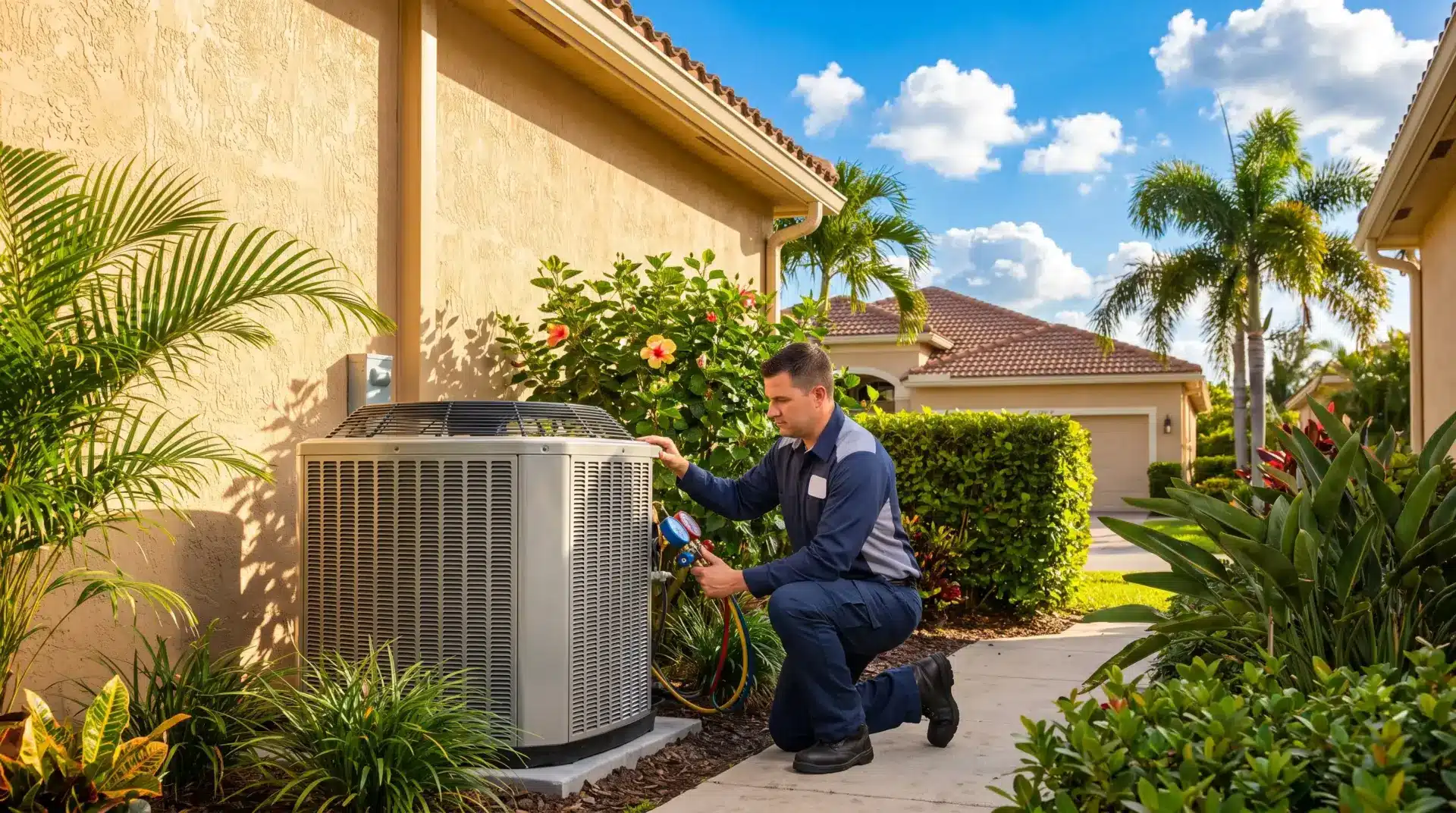 Technician adjusting outdoor air conditioning unit beside tropical plants and beige house