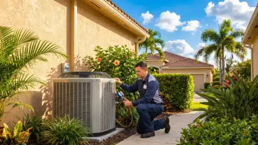 Technician adjusting outdoor air conditioning unit beside tropical plants and beige house