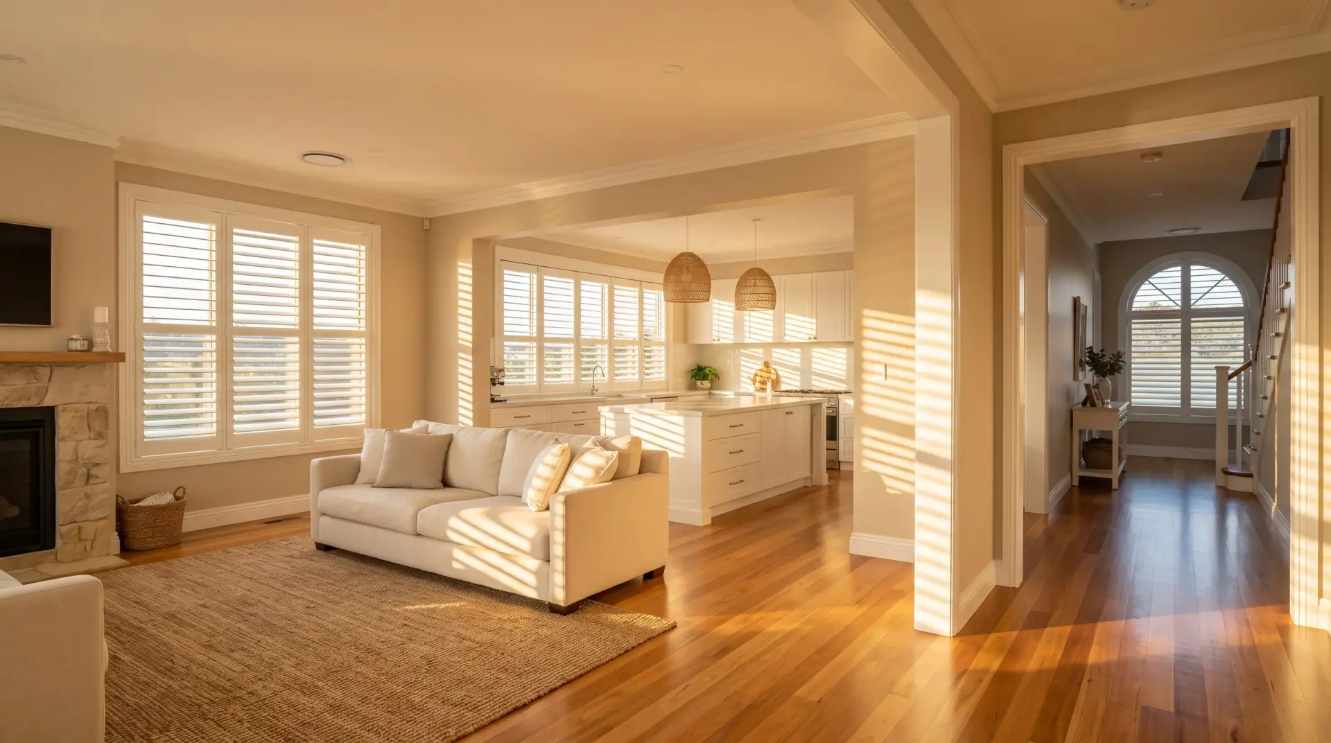 Bright living room and kitchen with beige sofa, wicker basket, and wooden floors under natural light
