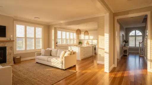 Bright living room and kitchen with beige sofa, wicker basket, and wooden floors under natural light