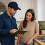Worker showing clipboard to woman in bright kitchen with double sink and white cabinets