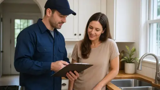 Worker showing clipboard to woman in bright kitchen with double sink and white cabinets