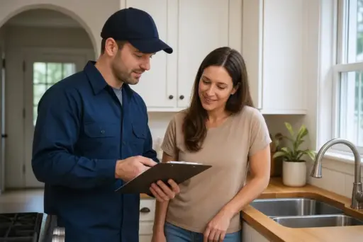 Worker showing clipboard to woman in bright kitchen with double sink and white cabinets