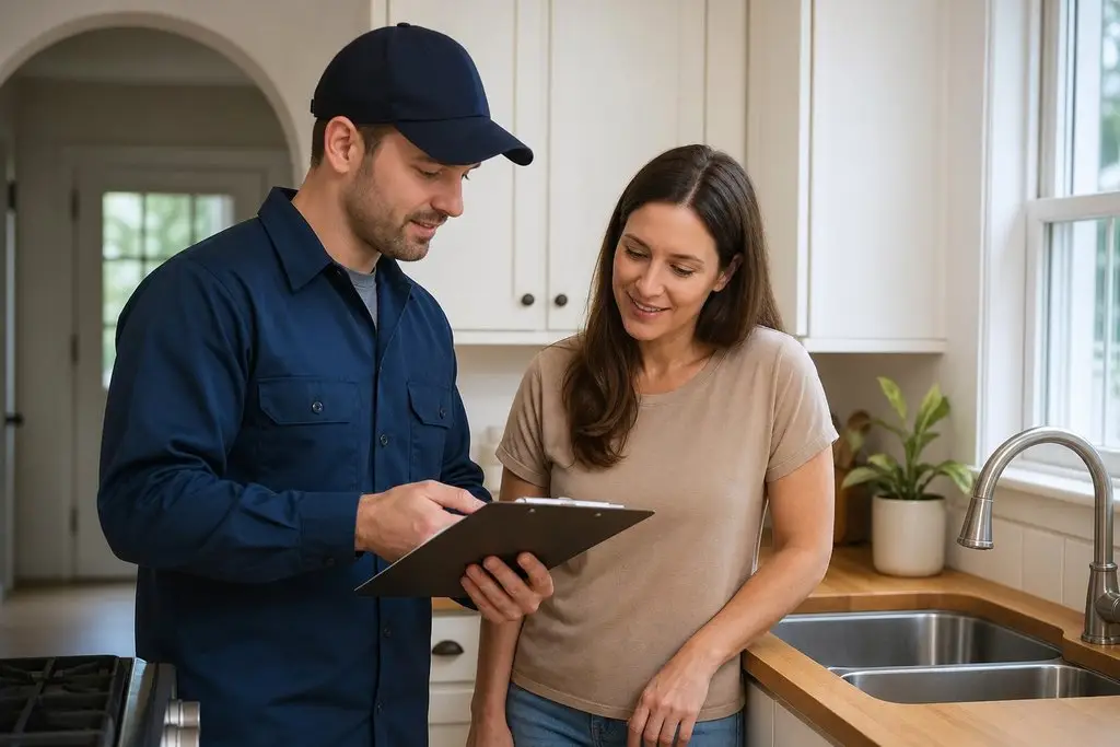 Worker showing clipboard to woman in bright kitchen with double sink and white cabinets