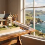 Architectural model on drafting table with sea view through large window