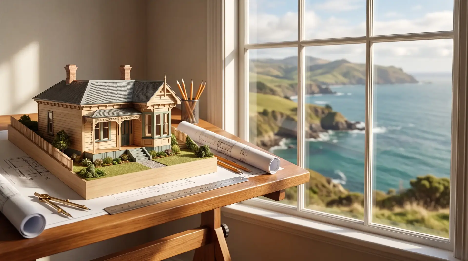 Architectural model on drafting table with sea view through large window