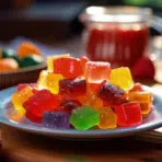 Colorful fruit jelly cubes on a white plate with strawberries in warm natural light