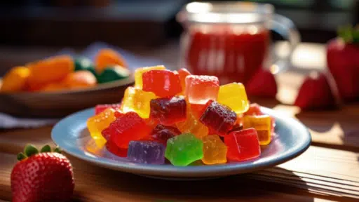 Colorful fruit jelly cubes on a white plate with strawberries in warm natural light