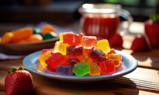 Colorful fruit jelly cubes on a white plate with strawberries in warm natural light