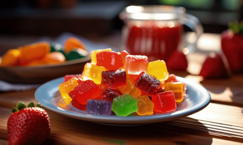 Colorful fruit jelly cubes on a white plate with strawberries in warm natural light