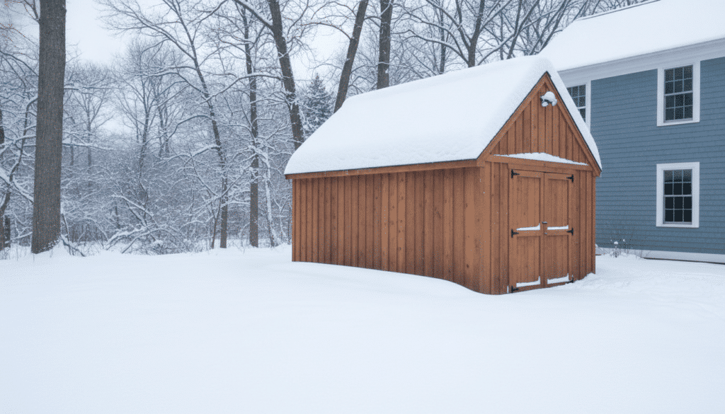Wooden shed covered in snow beside blue house in snowy winter landscape