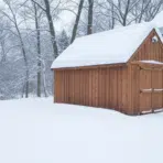 Wooden shed covered in snow beside blue house in snowy winter landscape