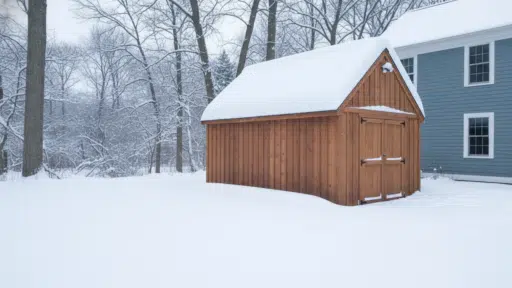Wooden shed covered in snow beside blue house in snowy winter landscape