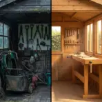 Old, cluttered garden shed next to neat, modern workspace with organized tools and bright sunlight