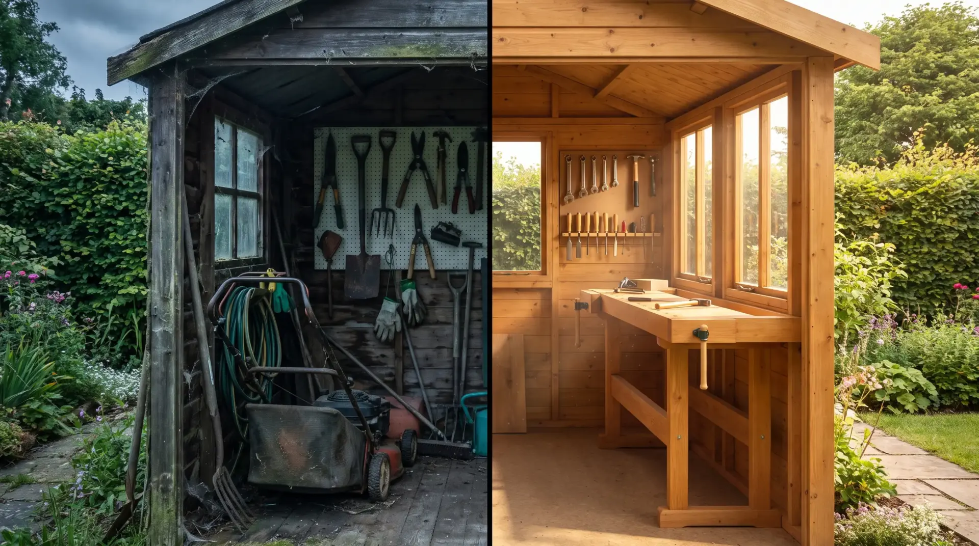 Old, cluttered garden shed next to neat, modern workspace with organized tools and bright sunlight