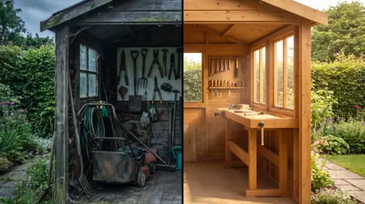 Old, cluttered garden shed next to neat, modern workspace with organized tools and bright sunlight